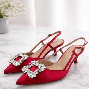 Red Satin Pointed Slingback Heels with Crystal Buckle